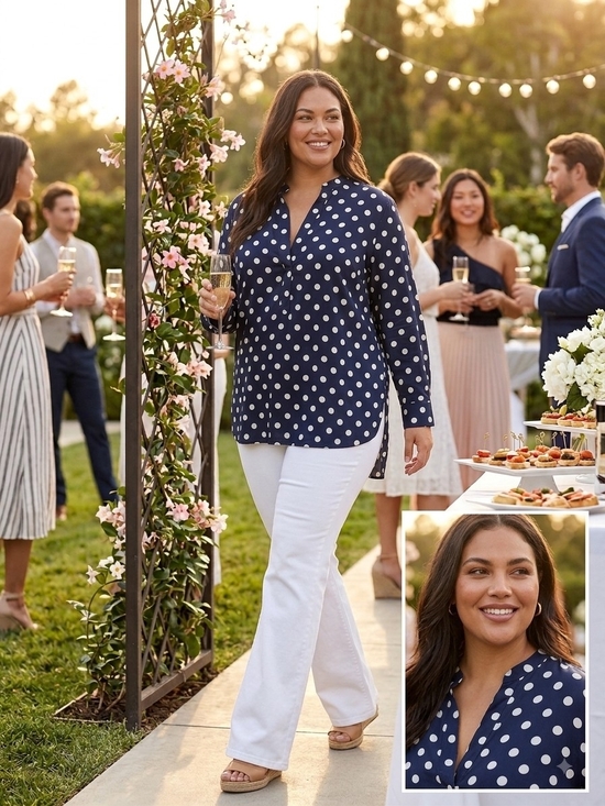 Zara Tops - Zara Woman Polka Dot V-Neck Tunic Top - Navy and White
